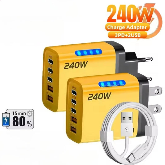 5-in-1 GaN 240W Fast Charger — 3 USB-C + 2 USB-A | Zovelo