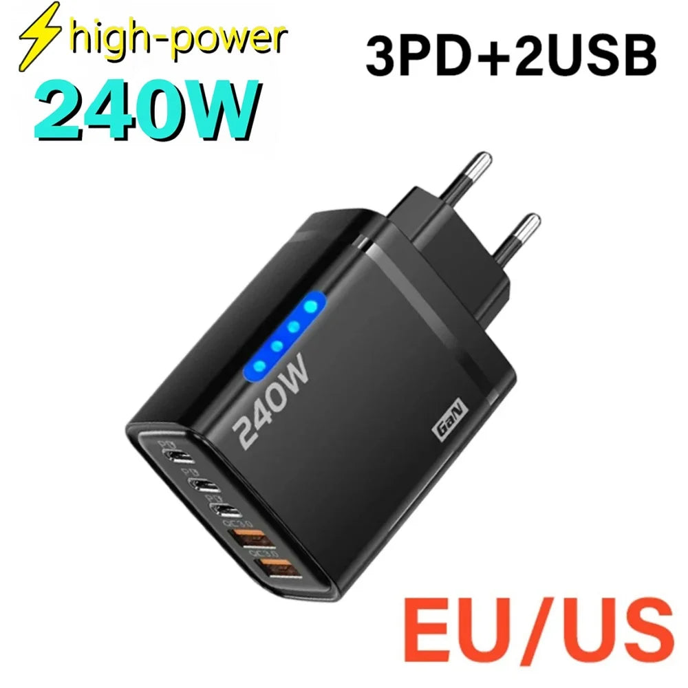 5-in-1 GaN 240W Fast Charger — 3 USB-C + 2 USB-A | Zovelo