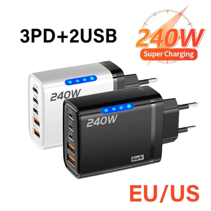 5-in-1 GaN 240W Fast Charger — 3 USB-C + 2 USB-A | Zovelo
